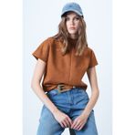 Trend Alaçatı Stili Taba Dik Yaka Gizli Fermuarlı Suni Süet Bluz ALC-X14615