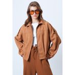 Trend Alaçatı Stili Taba Omuz Apoletli İçi Astarlı Kadife Bomber Ceket ALC-X14617