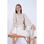 Trend Alaçatı Stili Vanilya Kayık Yaka Yaprak Desenli Salaş Crop Triko Bluz ALC-X15111