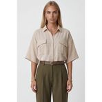 Trend Alaçatı Stili Vanilya Zarf Cepli Oversize Sofia Keten Gömlek ALC-X15329
