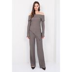 Trend Alaçatı Stili Vizon Carmen Yaka Asimetrik Kesim Bluz Ve Palazzo Pantolon Takım ALC-X14805