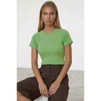Trend Alaçatı Stili Yeşil Bisiklet Yaka Reglan Kol Likralı Örme T-Shırt ALC-X15388