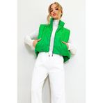 Trend Alaçatı Stili Yeşil Dik Yaka Çift Cepli Full Dolum Beli Ayarlanabilir Şişme Yelek ALC-X7994