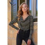Trend Alaçatı Stili Yeşil-Siyah Degaje Yaka Omuzları Drapeli Basic Bluz ALC-X14374