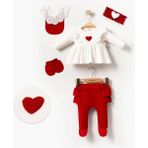 Trend Bebe Butik Kalp Desenli 5li Hastane Çıkışı Seti Pamuk Body, Tayt Patikli, Önlük, Eldiven ve Saç Bandı Yenidoğan Bebek Kombini - 0 - 3 Ay - Kırmızı - Beyaz