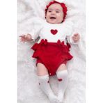 Trend Bebe Butik Kız Bebek Kalp Baskılı 3 Parça Pamuk Fırfırlı Tulum, Çorap ve Saç Bandı 3'lü Set Bebek Kostümü Romper Body Zıbın Elbise Yenidoğan Hastane Çıkışı Seti - Kırmızı