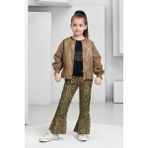 Trend Bebe Butik Kız Çocuk Deri Ceketli Leopar Desenli 3'lü Takım - 6 - 7 Yaş - 0-Kahverengi