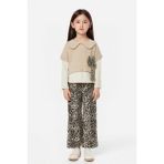 Trend Bebe Butik Kız Çocuk Fiyonk Detaylı Bluz ve Leopar Desenli Bol Paça Pantolon 2'li Takım - 8 - 9 Yaş - Bej