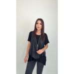 Trend Befaon Kadın Kısa Kollu Yuvarlak Yaka Viskon Bluz + Kolsuz Fermuarlı Çatlak Deri Yelek - Siyah - S - M