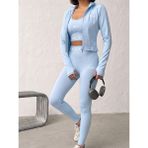 Trend Butik Burada Kadın 3'lü Spor Takımı - Fermuarlı Crop Ceket, Büstiyer ve Yüksek Bel Toparlayıcı Tayt Seti - XL - Bebe Mavisi