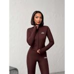 Trend Butik Burada Kadın 3'lü Spor Takımı - Fermuarlı Crop Ceket, Büstiyer ve Yüksek Bel Toparlayıcı Tayt Seti - XL - Kahverengi