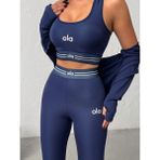 Trend Butik Burada Kadın 3'lü Spor Takımı - Fermuarlı Crop Ceket, Büstiyer ve Yüksek Bel Toparlayıcı Tayt Seti - XL - Lacivert