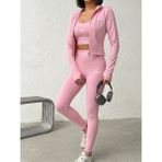 Trend Butik Burada Kadın 3'lü Spor Takımı - Fermuarlı Crop Ceket, Büstiyer ve Yüksek Bel Toparlayıcı Tayt Seti - XL - Pembe