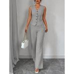 Trend Cojans Kadın Askılı Önden Düğmeli Bluz ve Pantolon Keten Ikili Takım - XL - Gri