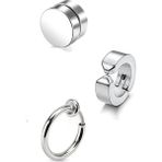 Trend Collection Unisex Gümüş 3 Adet Deliksiz Sıkıştırmalı Mıknatıslı Çelik Küpe Set