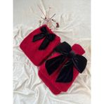 TREND COLOR Peluş Uzun Çorap Takım Kırmızı Fiyonklu Uyku Çorabı ve Ayak Isıtıcı Peluş Sıcak 2 TL Sıcak Su Torbası ile Beraber - Kırmızı - Siyah - Standart