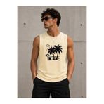TREND EMMODA Erkek Yaz Temalı Palmiye ve Deniz Baskılı Sıfır Kol Yuvarlak Bisiklet Yaka Bej Rengi Tişört / Tshirt