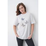 TREND EMMODA Kadın Altın Detaylı Çini Desenli Kelebek Figürlü Yuvarlak Bisiklet Yaka Gri T-Shirt