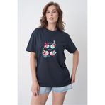 TREND EMMODA Kadın Yaz Stili Live Laugh Love Yazılı Çiçekli Gözlük Baskılı Yuvarlak Bisiklet Yaka Lacivert Tişört