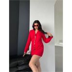Trend Kadın Gold Çıt Çıt Detaylı Tasarım Uzun Blazer Ceket - Kırmızı