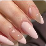 Trend Vitrin Kadın Jel Nail Art Baskılı Pembe Kalp French Design Badem Oval Takma Tırnak
