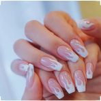 Trend Vitrin Kadın Kare Küt Kısa Jel Görünümlü Alev Desenli Nail Art Beyaz Takma Tırnak Güçlü Yapışkanlı 1 Adet Törpü ve Yapıştırıcı Set Hediye