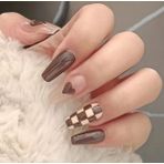 Trend Vitrin Kahverengi Beyaz Latte Dama Desenli Nail Art Oval Badem Kadın Takma Tırnak Protez Tırnak Set Yapıştırıcı ve 1 Adet Törpü Hediyeli
