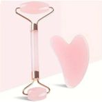 Trend Vitrin Pembe Kuvars Görünümlü Gua Sha Yüz Yogası Yüz Şekillendirici Roller Silindir Set