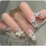 Trend Vitrin Takma Tırnak 3D Nail Art Baskılı - Fiyonk Kabartmalı - Jel - Gümüş - Küt