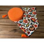 Trend Yuvam Çiçekli Şal Desenli Runner & Turuncu Düz Supla - 33 x 33 cm - Renkli