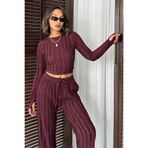 trendalisse Bordo Kışlık Premium Fitilli Parmak Geçmeli Crop Bluz Bol Paça Pantolon Takımı