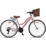 Trendbisiklet Retro Classic 26 Jant Bisiklet, Shimano 21 Vites, Hasır Sepetli Vintage Şehir Bisikleti - Pembe