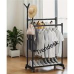Trendesk Metal Siyah Tekerlekli Çift Katlı Konfeksiyon Askılığı Giysi Elbise Askılığı 6011