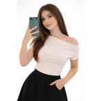 trendgar Bej Kadın Asimetrik Omuz Detay Kısa Kol Bluz