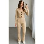 trendgar Kadın Bej Fitilli Örme Kumaş V Yakalı Duğmeli Crop Sweatshirt Bol Kesim Rahat Eşofman Takım