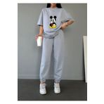 Trendglow Mickey Mouse T-shirt Eşofman Altı Jogger - Gri Baskılı Eşofman Takımı Oversize Bisiklet Yaka