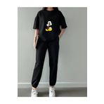 Trendglow Mickey Mouse T-shirt Eşofman Altı Jogger - Siyah Baskılı Eşofman Takımı Oversize Bisiklet Yaka