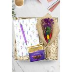 Trendmiya Beyaz Çiçekli Defter & Mor Tükenmez Kalem & Godiva & Kurutulmuş Çiçek Buketi Çikolata Hediye Seti