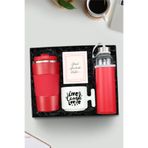Trendmiya Kırmızı 500ml Çelik Termos & Deri Kılıflı 500ml Kırmızı Cam Matara & Motto T Kupa Hediye Seti