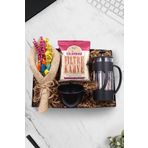 Trendmiya Siyah French Press & Siyah Kupa & Colombian Taze Filtre Kahve & El Yapımı Buket Çiçek Hediye Seti