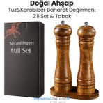 Trendpoint 2li Set Baharat Öğütücü Premium Doğal Ahşap Değirmen Karabiber Tuz Kahve Tuzluk Biberlik 2li Set Tabaklı 22CM