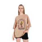Trendseninle Arizona Baskılı Camel Oversize Kadın T-shirt