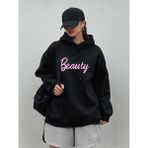 Trendseninle Beauty Baskılı Siyah Kapüşonlu Kadın Sweatshirt