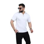 Trendseninle Beyaz Yarım Fermuarlı Polo Yaka Düz Triko Örme Tişört, M