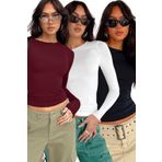 Trendseninle Bordo Beyaz Siyah Bisiklet Yaka Basic Uzun Kollu Body 3Lü Set S Tyc502982547Ba3F10
