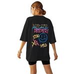 Trendseninle Breath Deeper Baskılı Siyah Oversize Kadın T-shirt
