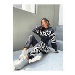 Trendseninle Brooklyn Baskılı Oversize Füme Alt Üst Crop Kadın Eşofman Takımı
