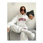Trendseninle Brooklyn Usa Baskılı Oversize Beyaz Alt Üst Kadın Eşofman Takımı