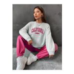 Trendseninle California 1991 Baskılı Oversize Gri Pembe Alt Üst Kadın Eşofman Takımı