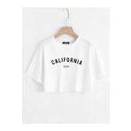 Trendseninle California Baskılı Beyaz Oversize Crop Kadın T-shirt